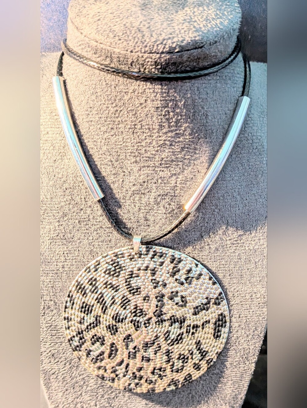 Leopard Print Silver And Black Circular Pendant Necklace. Fun And Powerful